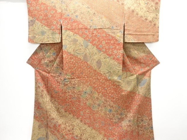 JAPANESE KIMONO / TSUKESAGE HOMONGI / CHIRIMEN / ARABESQUE FLOWER & FOLDING FAN 